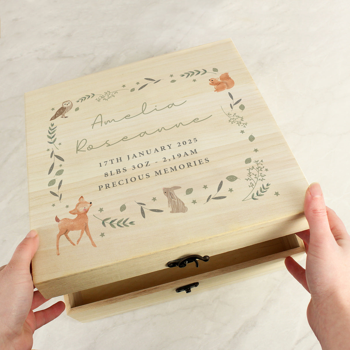 Personalised Wooden Large Keepsake Box - Woodland Animal