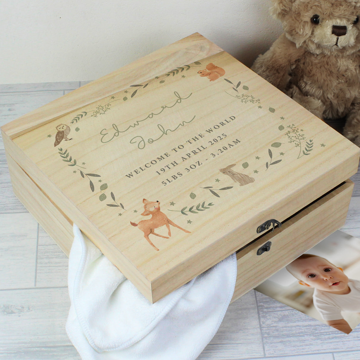 Personalised Wooden Large Keepsake Box - Woodland Animal