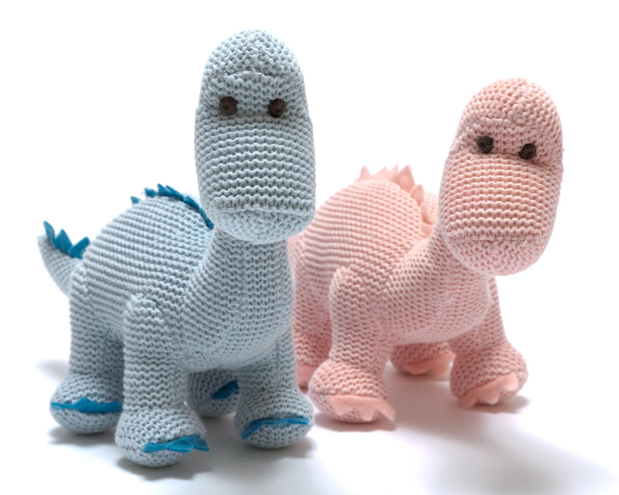 Diplodocus Dinosaur Baby Rattle Knitted Organic Cotton - Pastel Pink