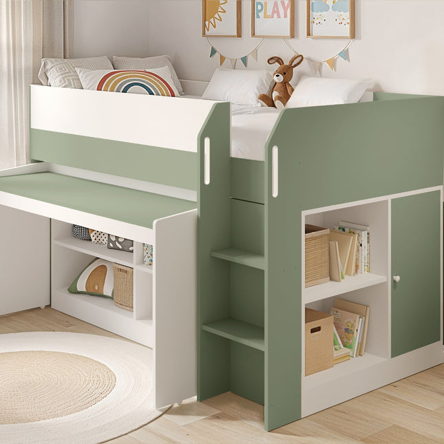 Aiden Kids Cabin Bed with Desk & Storage - Olive Green