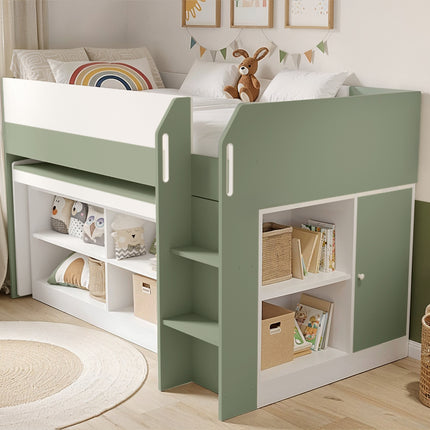 Aiden Kids Cabin Bed with Desk & Storage - Olive Green