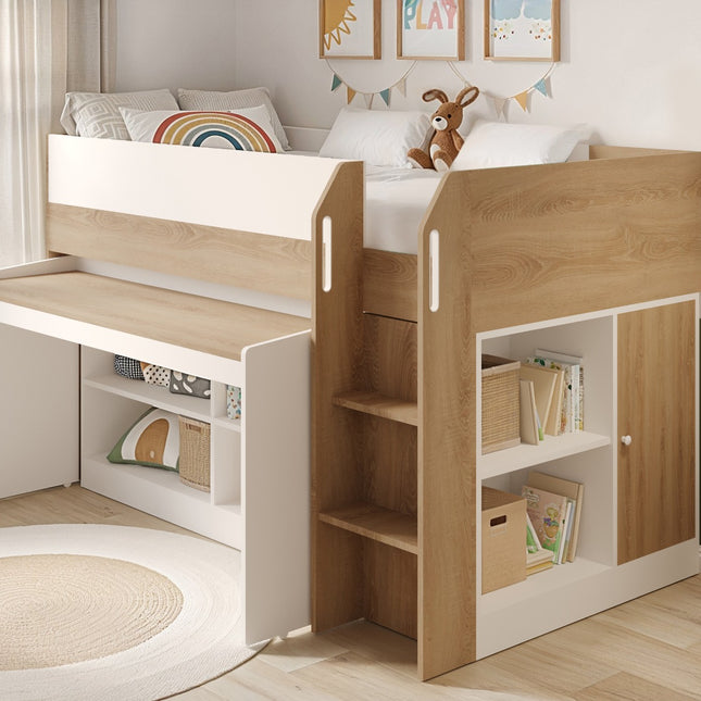 Aiden Kids Cabin Bed with Desk & Storage - White & Oak