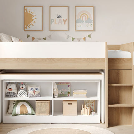 Aiden Kids Cabin Bed with Desk & Storage - White & Oak