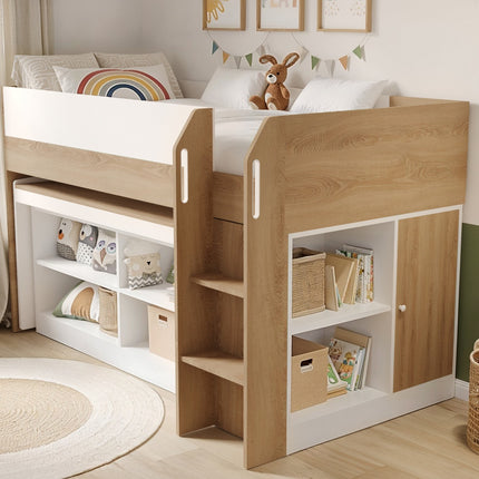 Aiden Kids Cabin Bed with Desk & Storage - White & Oak