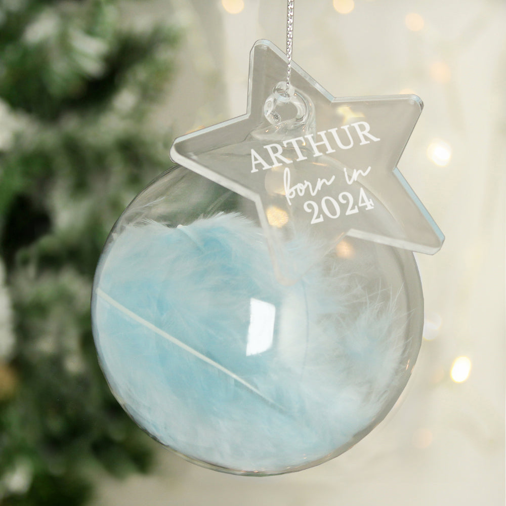 'Born in' Feather Glass Bauble - Blue