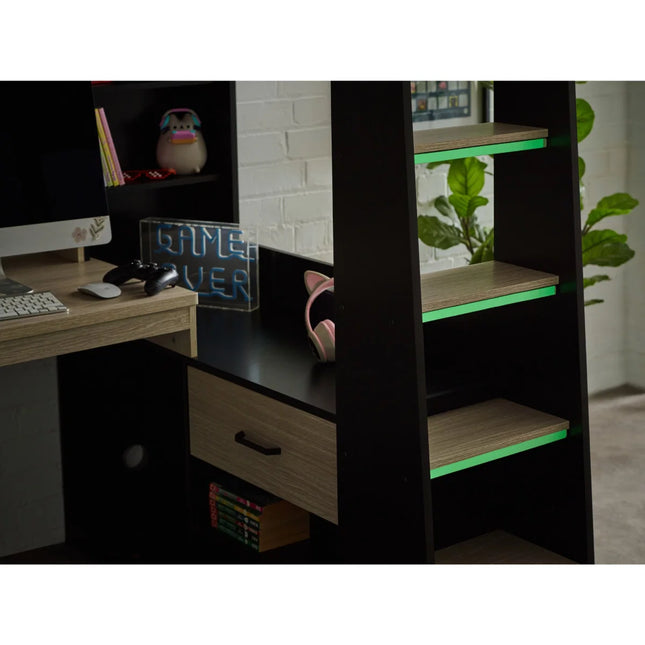 Blaze Gaming High Sleeper Bed with Desk - Black & Wood