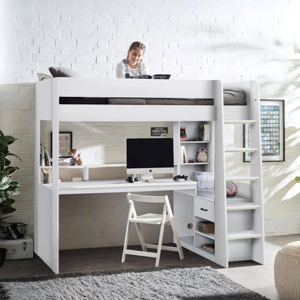 Blaze Gaming High Sleeper Bed with Desk - White