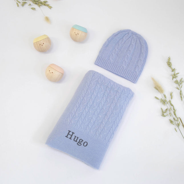 CABLE KNIT CASHMERE AND SENSORY BALLS - CORNFLOWER BLUE