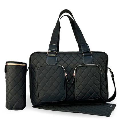 Black quilted baby changing bag with insulated bottle holder and changing mat.
