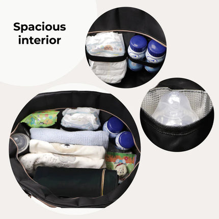 3 images showing the inside of the black changing bag displaying the pockets to hold baby bottles and nappies and the large internal section for clothes and blankets.