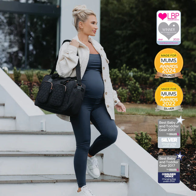 Billier Faiers modelling the black quilted changing bag from my babiie.