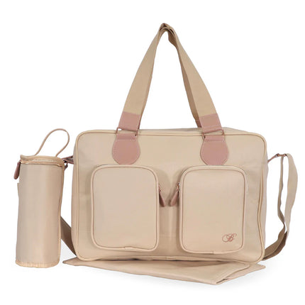 Blush coloured changing bag with insulated bottle holder and changing mat.