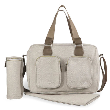 Oatmeal Herringbone Changing Bag with Changing Mat and Insulated Bottle Holder.