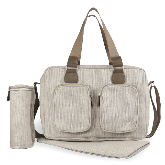 Oatmeal Herringbone Changing Bag with Changing Mat and Insulated Bottle Holder.