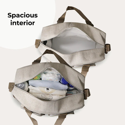 2 images showing the inside of the changing bag. One image shows the bag empty. The second image shows the bag full with baby items.