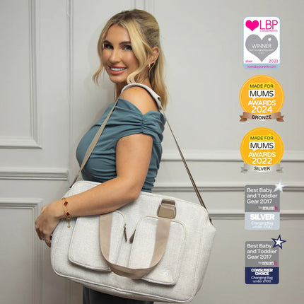 Billie Faiers modelling the oatmeal changing bag from my babiie.