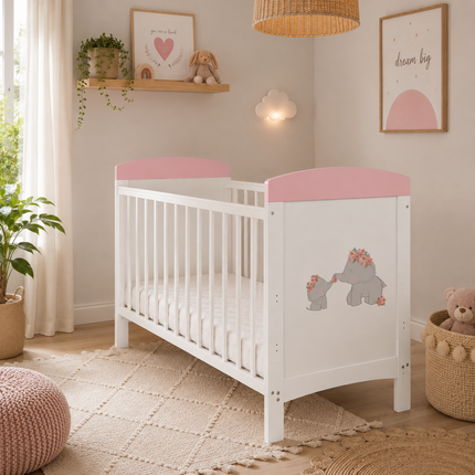 Me & Mini Me Elephants Cot Bed + Fibre Mattress - Pink