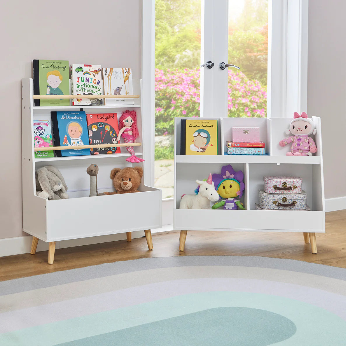 White Bookcase and Toy Storage Cabinet