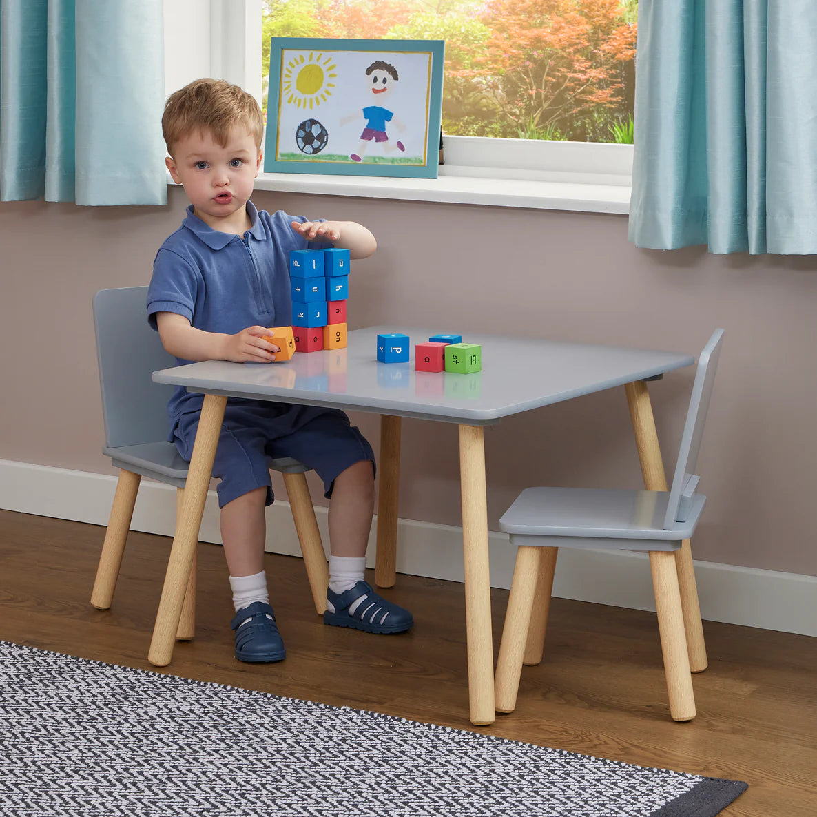 Grey Pinewood Table & Chairs