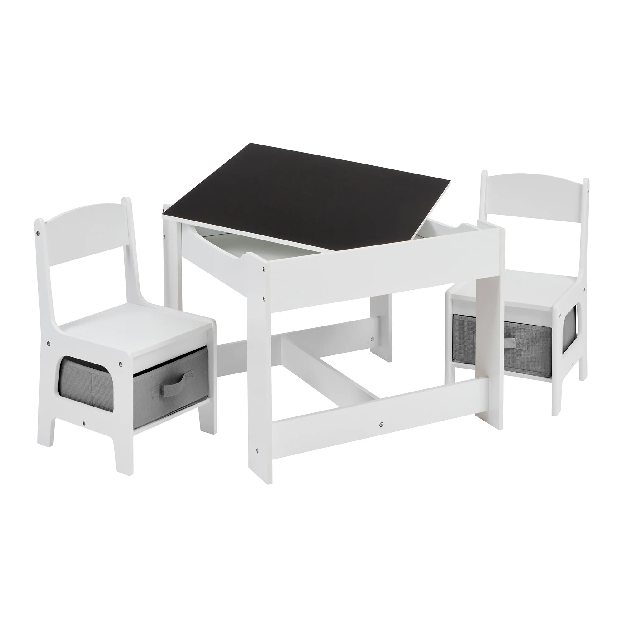 White Table and 2 Storage Chairs - Grey Bins