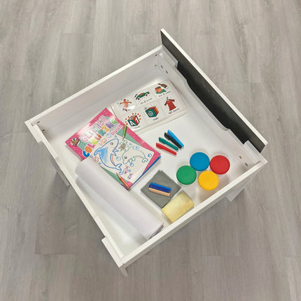 White Table and 2 Storage Chairs - Grey Bins