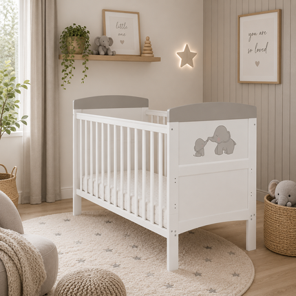 Me & Mini Me Elephants Cot Bed + Fibre Mattress - Grey