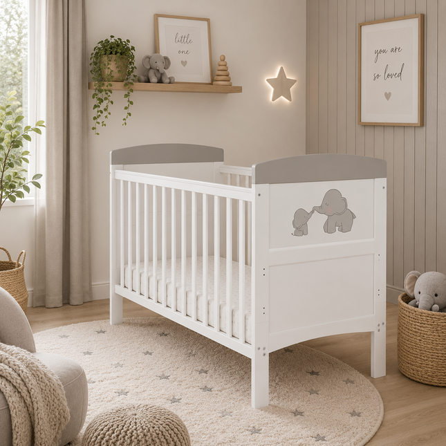 Me & Mini Me Elephants Cot Bed - Grey