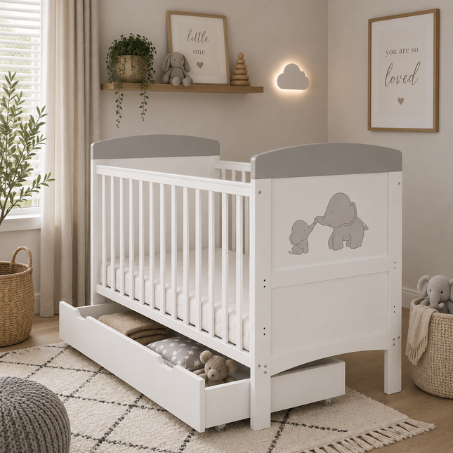 Me & Mini Me Elephants Cot Bed + Under Drawer - Grey