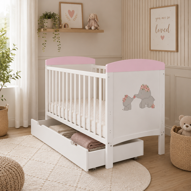 Me & Mini Me Elephants Cot Bed + Under Drawer - Pink