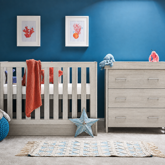 Nika Mini 2 Piece Nursery Room Set + Cot Bed Under Drawer - Grey Wash