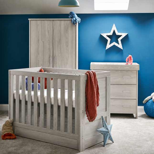 Nika Mini 3 Piece Nursery Room Set + Cot Bed Under Drawer - Grey Wash