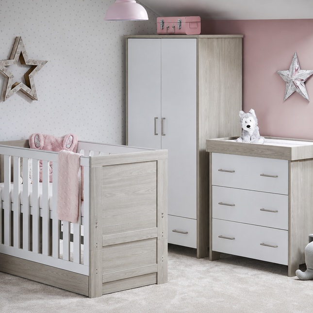 Nika MINI 3 Piece Nursery Room Set + Cot Bed Under Drawer - Grey Wash & White