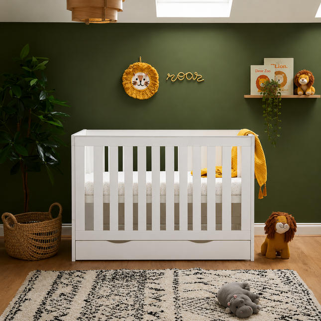 Nika Mini Cot Bed + Under Drawer - White Wash