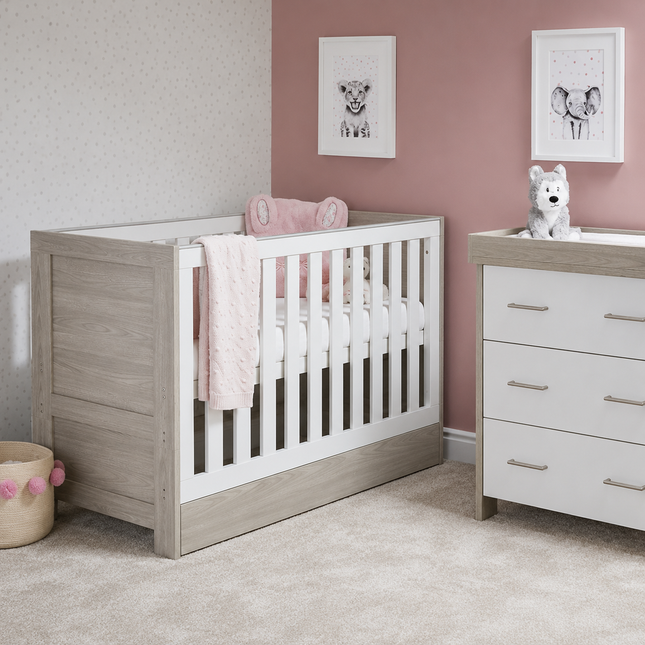 Nika Mini 2 Piece Nursery Room Set + Cot Bed Under Drawer - Grey Wash & White