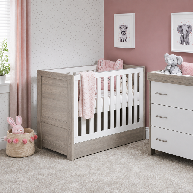 Nika Mini Cot Bed + Under Drawer - Grey Wash & White