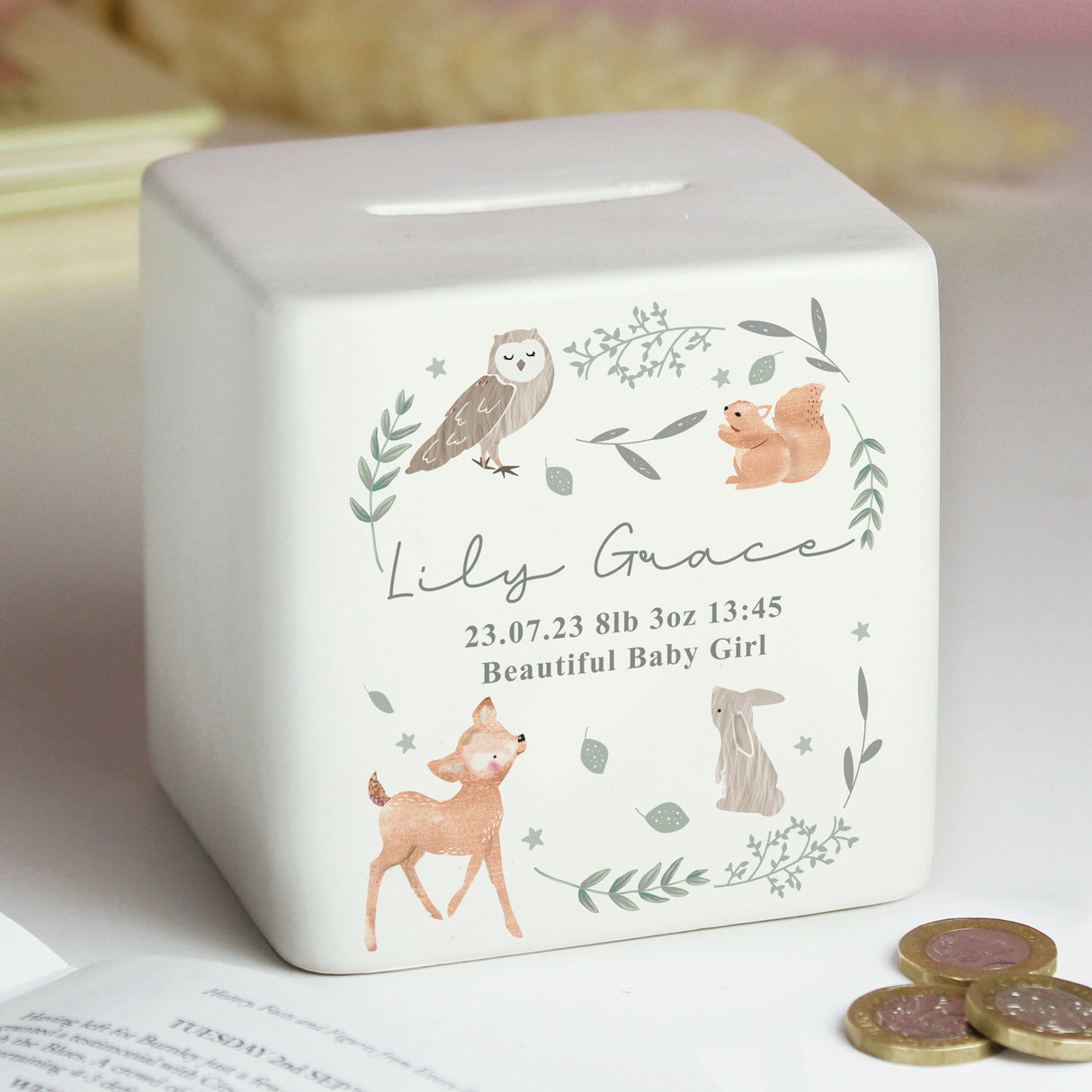 Personalised Ceramic Money Box - Woodland Animal