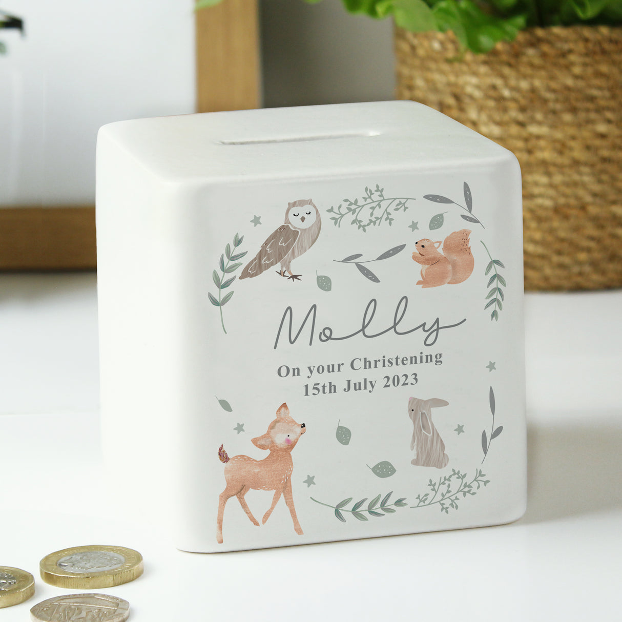 Personalised Ceramic Money Box - Woodland Animal