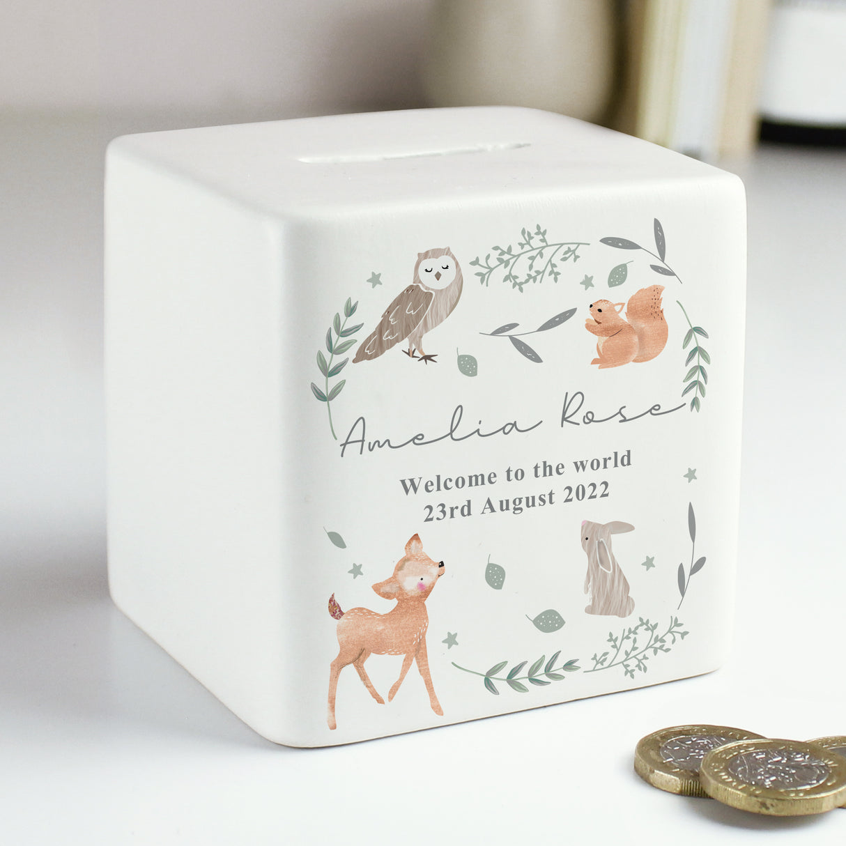 Personalised Ceramic Money Box - Woodland Animal