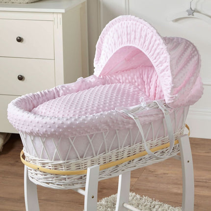 Pink Dimple White Wicker Baby Moses Basket With Stand