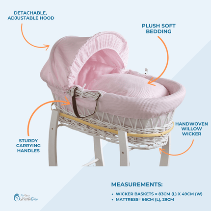 Pink Dimple White Wicker Baby Moses Basket With Stand