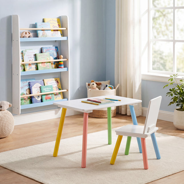 Rainbow Table & Chair Set + Bookshelf - White & Blue