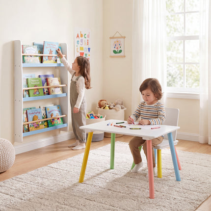 Rainbow Table & Chair Set + Bookshelf - White & Blue
