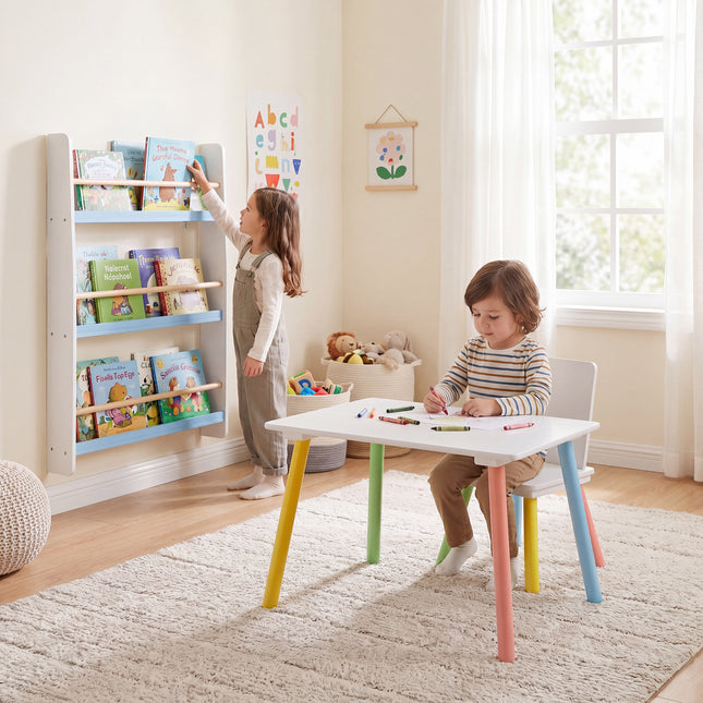 Rainbow Table & Chair Set + Bookshelf - White & Blue