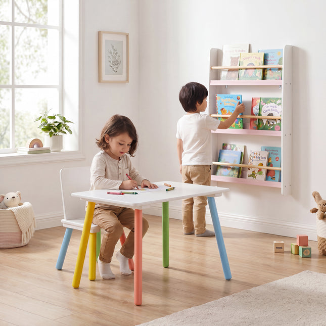 Rainbow Table & Chair Set + Bookshelf - White & Pink