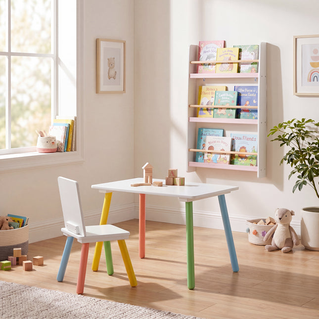 Rainbow Table & Chair Set + Bookshelf - White & Pink