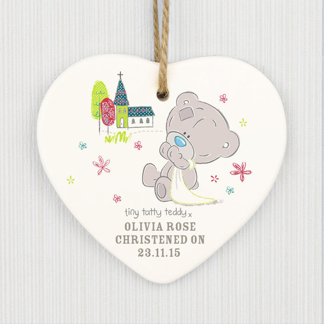 Tiny Tatty Teddy - Christening Heart Decoration - Personalised