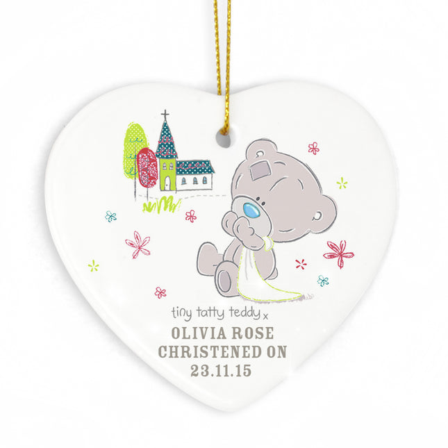 Tiny Tatty Teddy - Christening Heart Decoration - Personalised