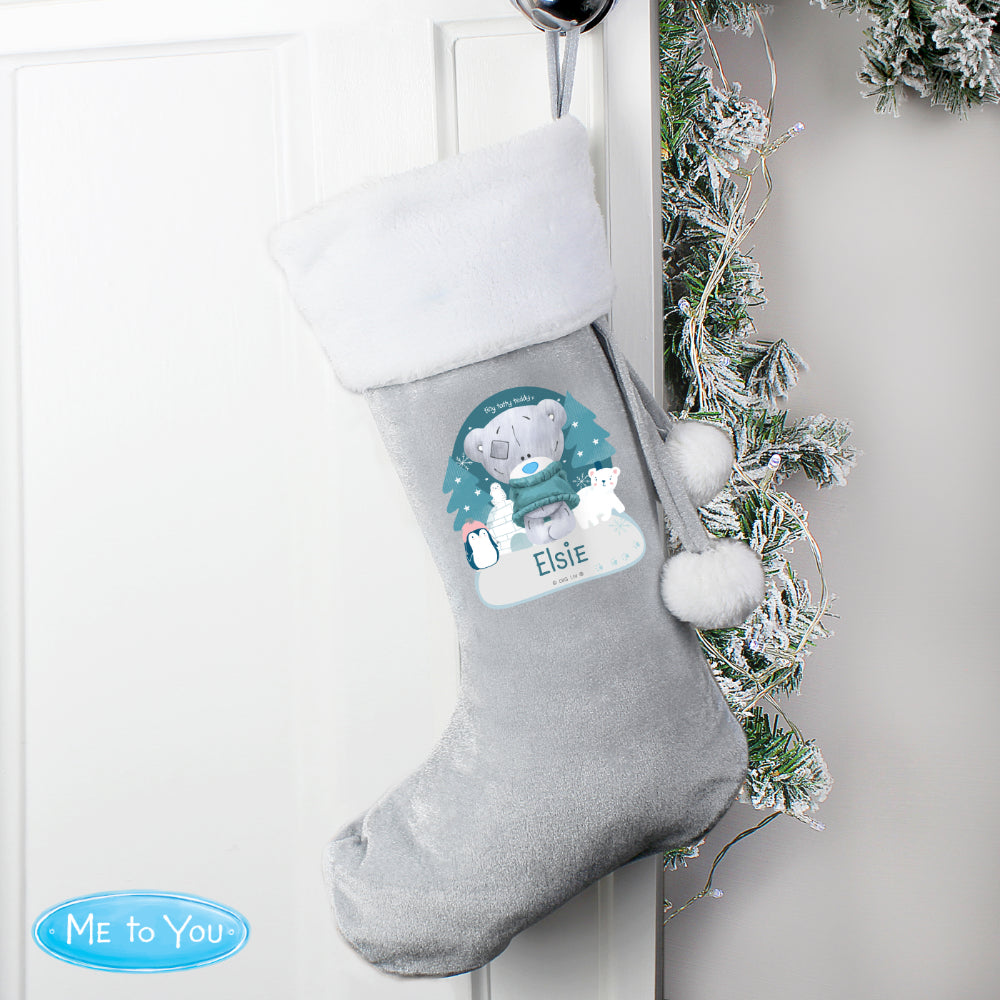 Personalised Winter Explorer Tiny Tatty Teddy Silver Grey Stocking