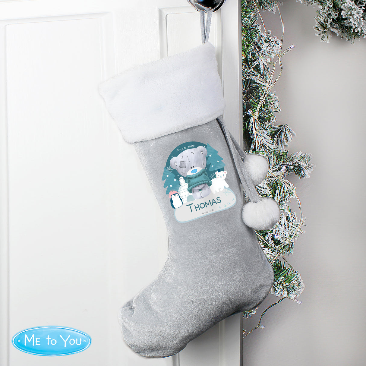 Personalised Winter Explorer Tiny Tatty Teddy Silver Grey Stocking