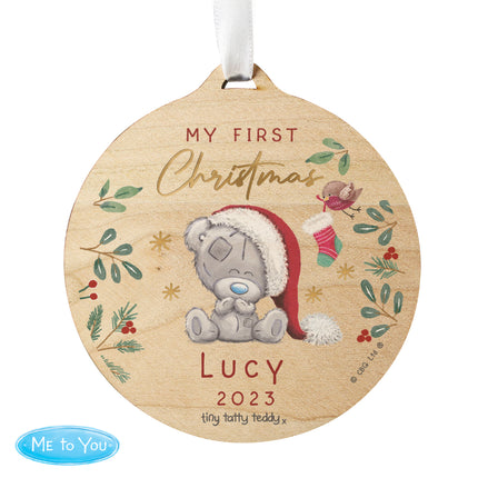 Tiny Tatty Teddy - First Christmas Round Wooden Decoration - Personalised
